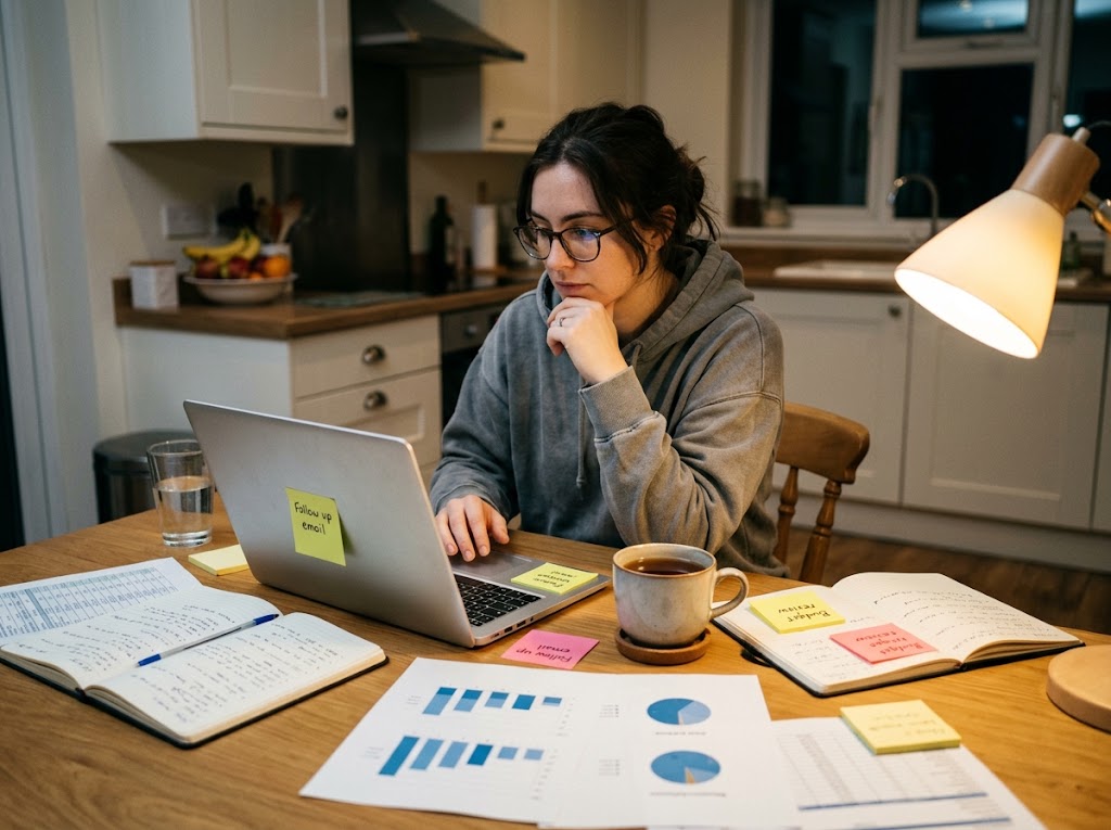 An entrepreneur at a kitchen table working on a laptop surrounded by notes and printed spreadsheets.