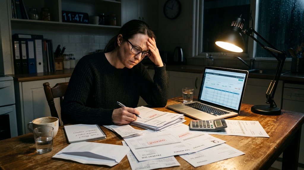 A worried business owner at a desk covered in bills with a calculator and laptop.