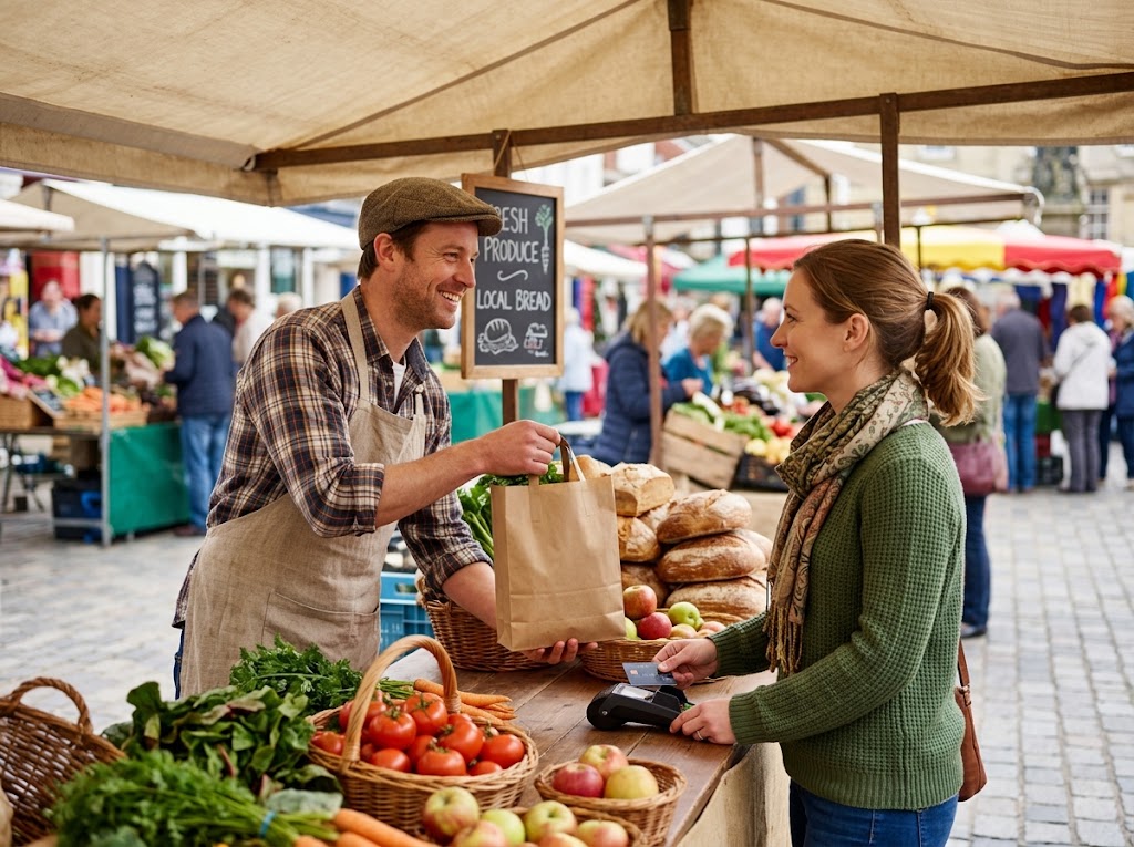 A market trader handing a bag to a customer who is paying by card.