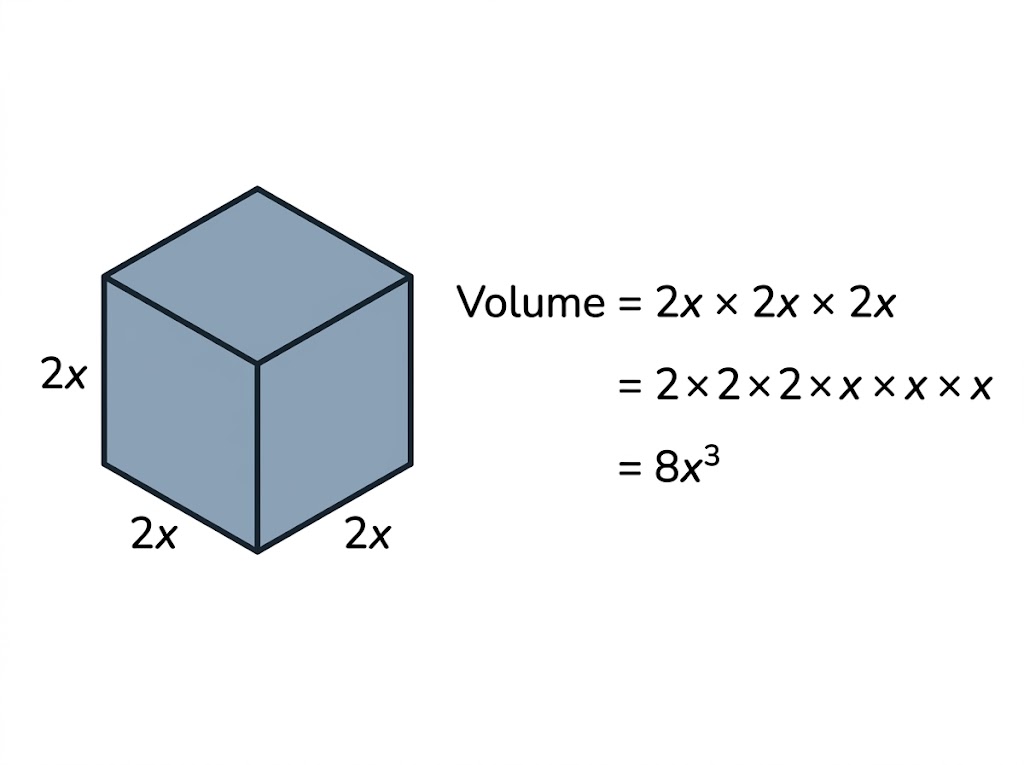 A cube with edges 2x, and the working showing its volume is 8x cubed.