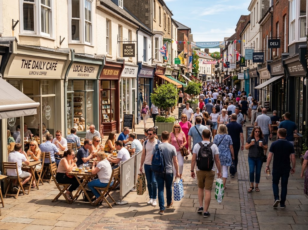 Many people walking past small shops and a café on a busy town-centre street.