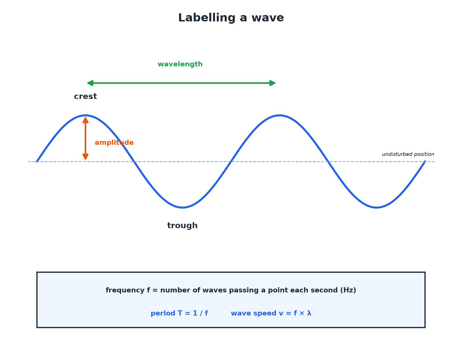 A labelled wave showing crest, trough, amplitude and wavelength.