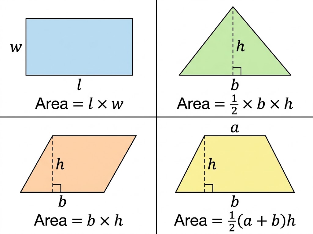 A rectangle, triangle, parallelogram and trapezium, each with its dimensions and area formula, and the perpendicular heights dashed.