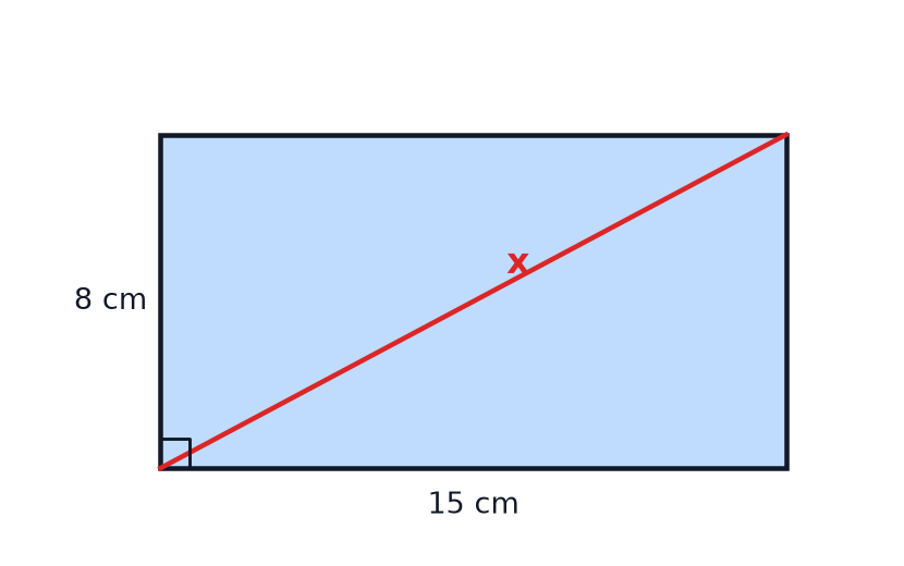 A rectangle 15 cm by 8 cm with its diagonal marked x.
