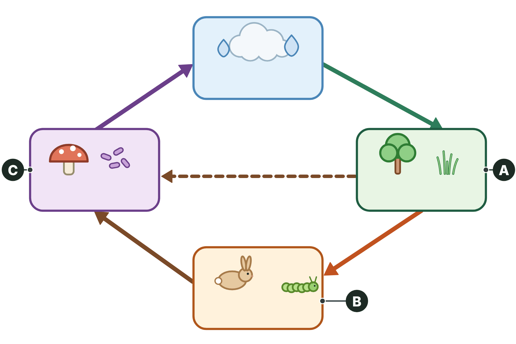 A materials cycle with three boxes marked A, B and C.