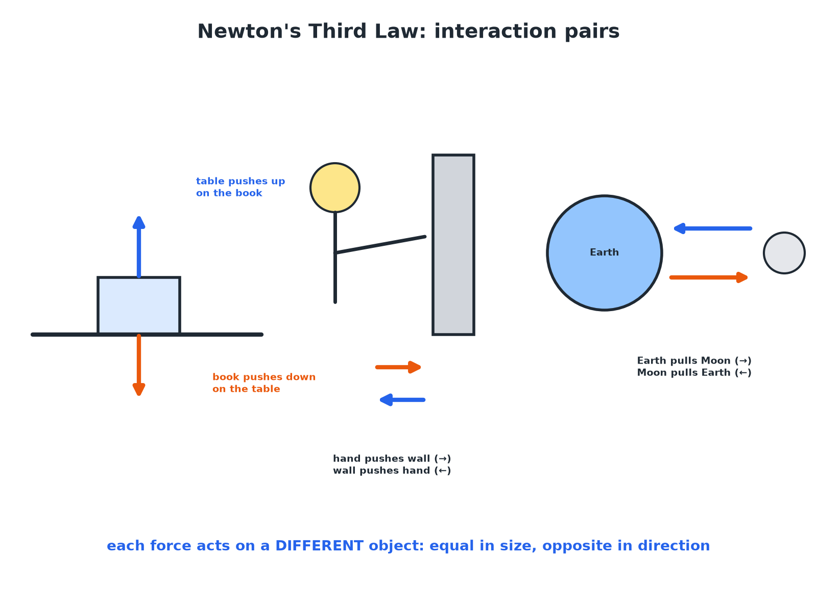 Examples of pairs of equal and opposite forces: a book on a table, a person pushing a wall and the Earth and Moon.